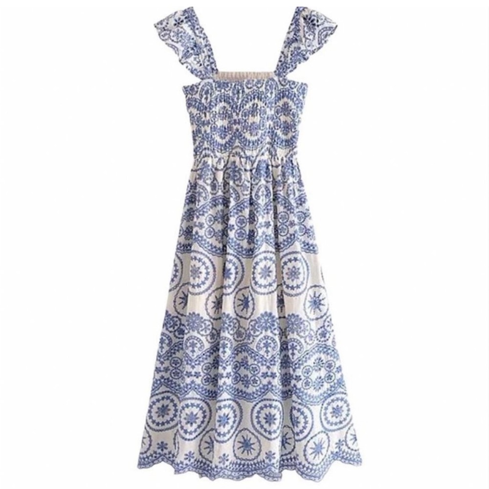 Hollow Embroidery Tiny Ruffle Sleeve Dress